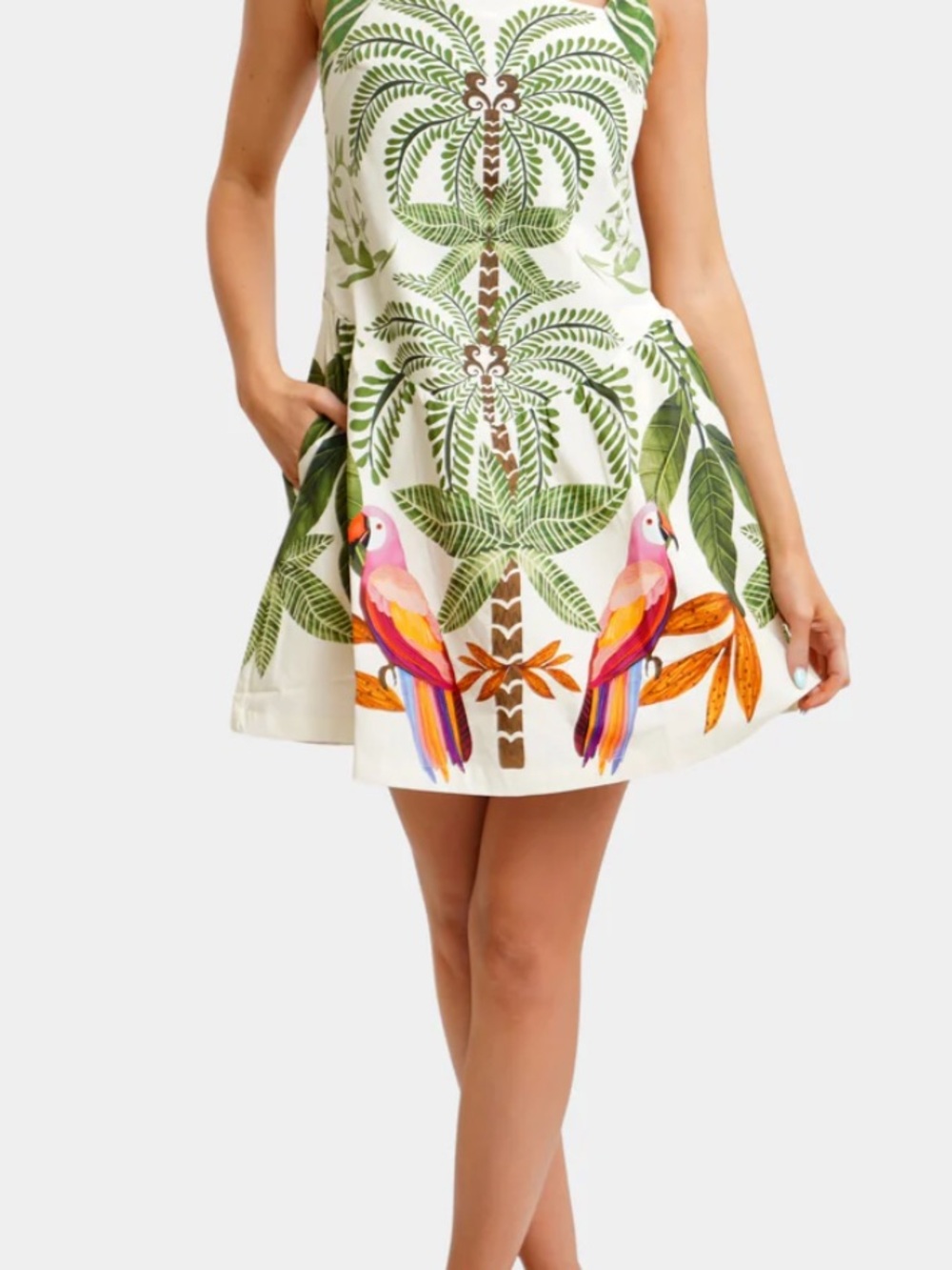Aylaya Stella Mini Dress with Tropical Palm & Parrot Print - White/Green
